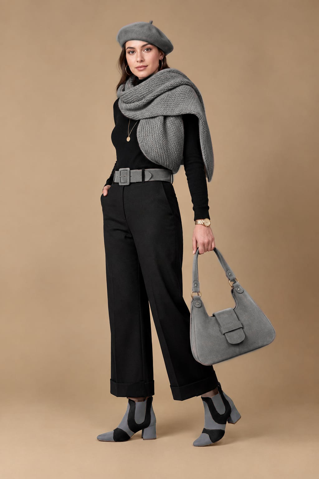 Women's slate gray, pitch black and charcoal gray two-tone chelsea boots with round toe and low flared heel - Top view